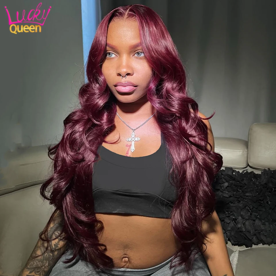 

Red Wine Burgundy Human Brazilian Hair Frontal 180 Density Pre Plucked Wigs 7X5 Glueless Closure For Women Transparent Lace #99J