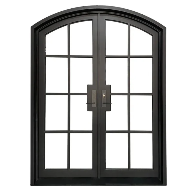 Custom Steel Security Exterior Door Double Panels Swinging Wrought Iron Entry Doors