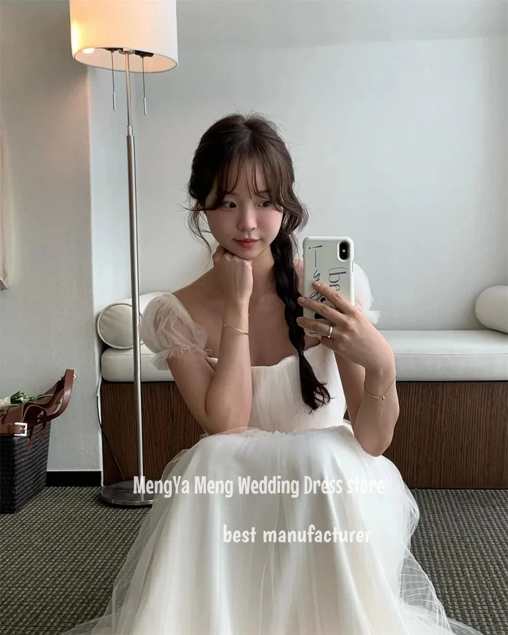 ZHUISHU Semplice colletto quadrato A Line Tulle Abiti da sposa Corea Servizio fotografico Maniche corte Lunghezza pavimento Abiti da sposa Personalizzati