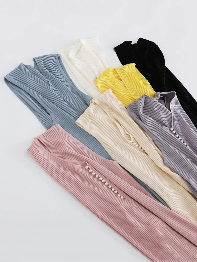 Women Summer Tops Viscose Knit Tank Top Fitness Sexy Sleeveless Pearl Buttoned T Shirt Elegant Lady Bottoming Tees A-001