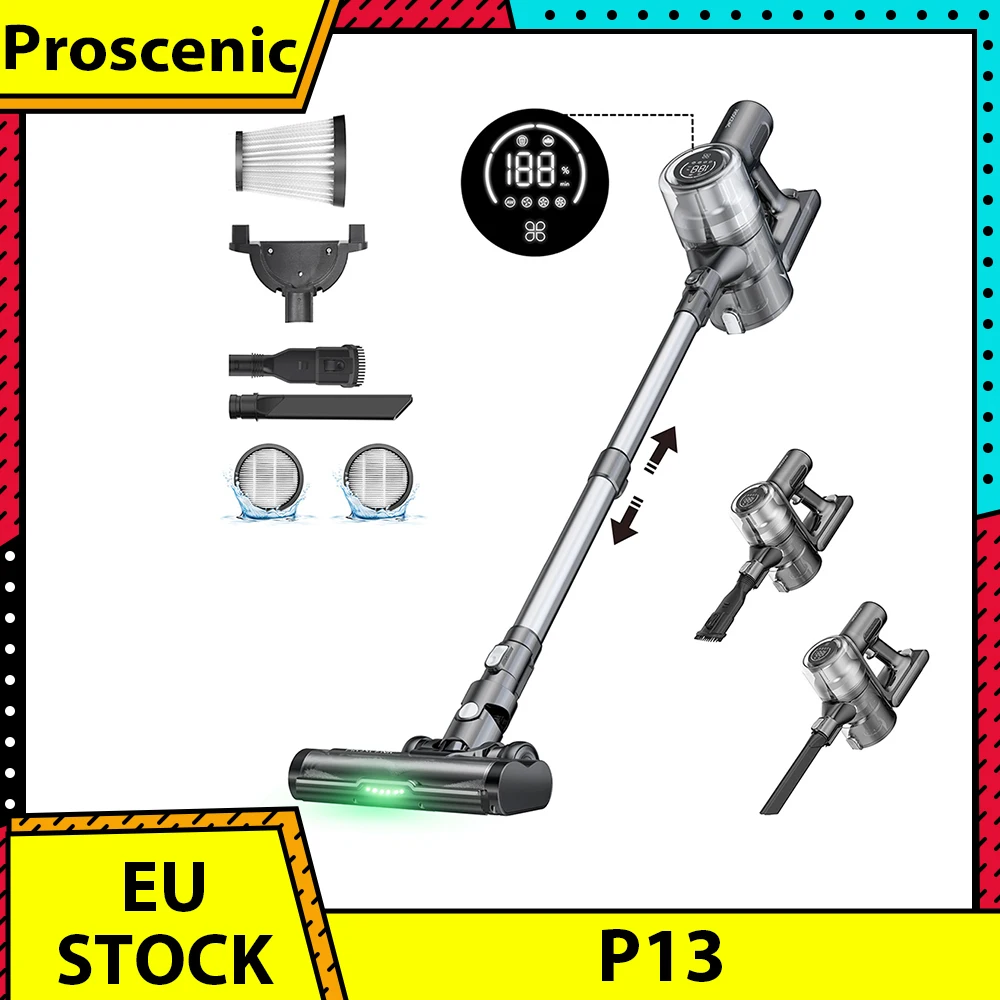 Proscenic P13 Cordless Vacuum Cleaner, 35Kpa Suction, Stick Vacuum with Green Light, LED Display, Anti-tangle Roller Brush