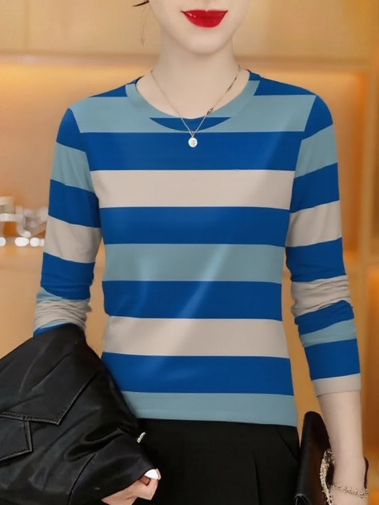 

Elegant Spring Stripe Long Sleeve T-Shirt Women's Slim Fit Fashionable Ageless Mommy Style Top Breathable Polyester Fiber
