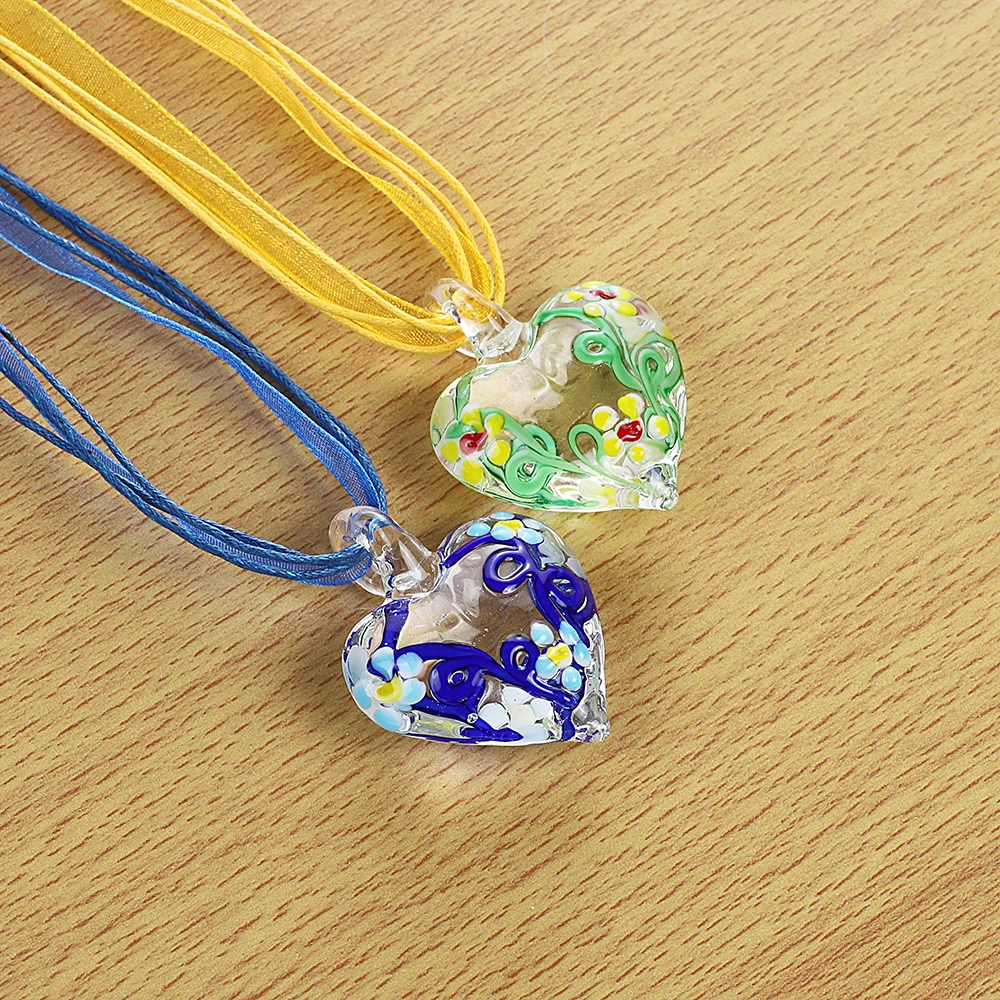 Handmade Murano Lampwork Glass Pendant, Mixed Color, Stripe Heart Pendant, Hot Jewelry Gift, Wholesale, 6Pcs