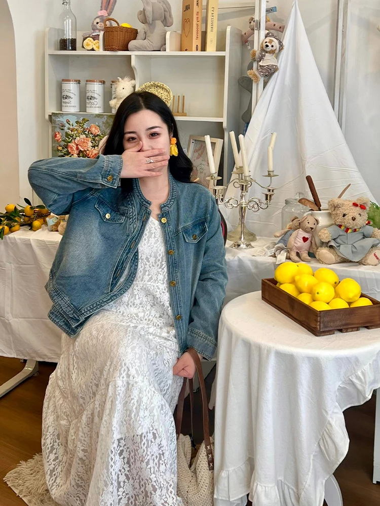 

Свободная джинсовая куртка для женщин больших размеров, весенний дизайн, асимметричная, из смесового хлопка и полиэстера, с круглым вырезом, на пуговицах