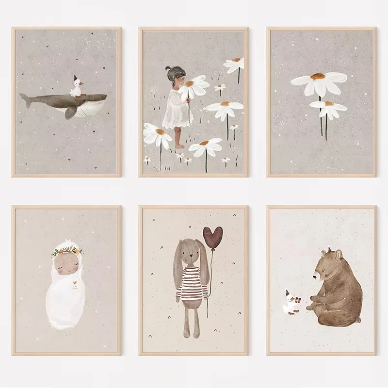 Winter Bohemian Animal Character Floral Poster Print Cartoon Rabbit Bear Little Girl Duck Canvas Art Children's Room Home Dec