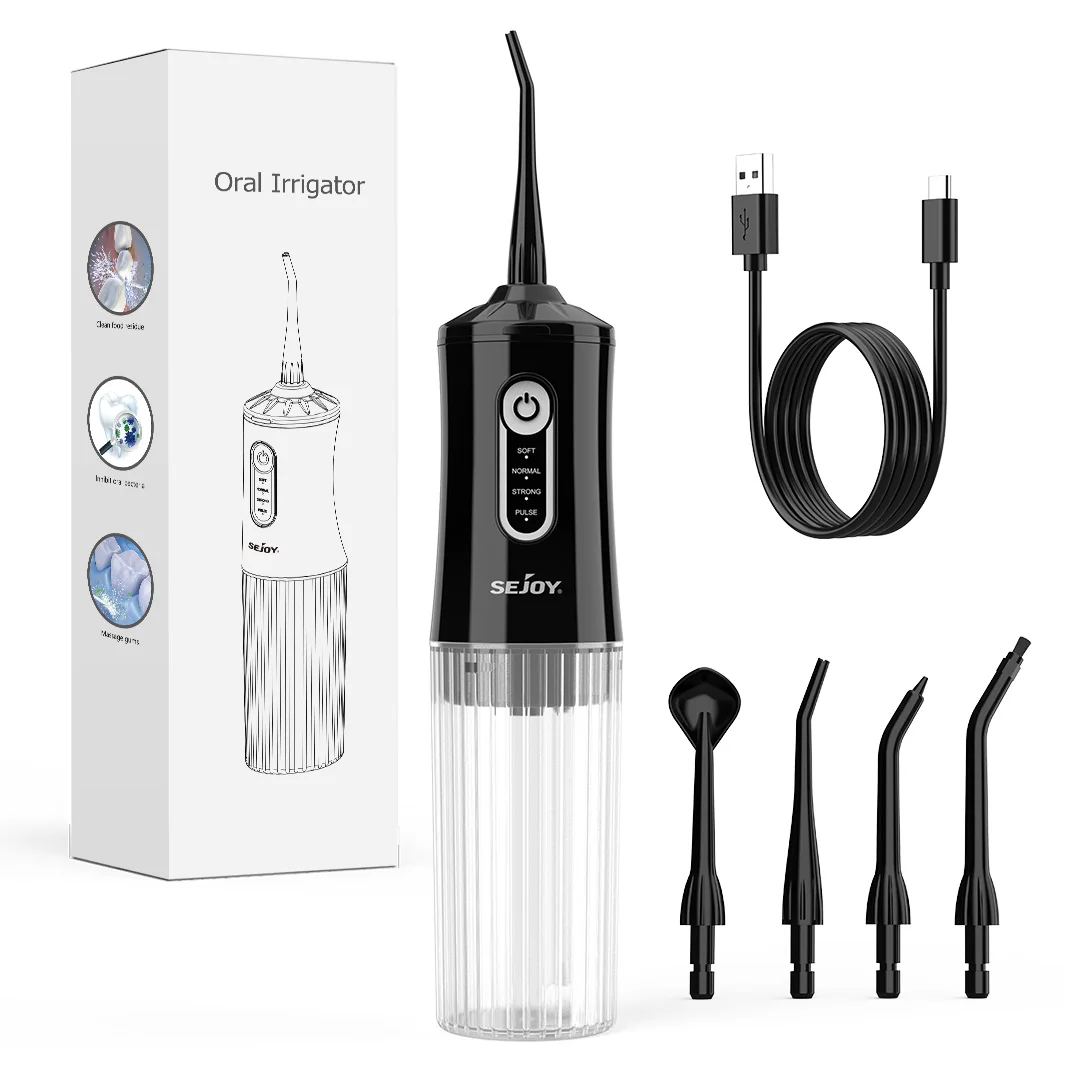 Sejoy Oral Irrigator C13 Dental Water Flosser Rechargeable Water Jet Floss Tooth Pick 4 Jet Tip 200ml 4 Modes Teeth Clean,Black