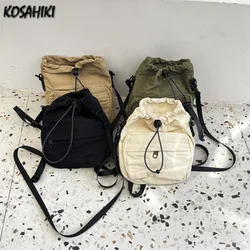 Korean Y2k Simple Drawstring Pleated Handbags Causal Solid Women Mini Shoulder Bag Streetwear All Match Canvas Crossbody Bags