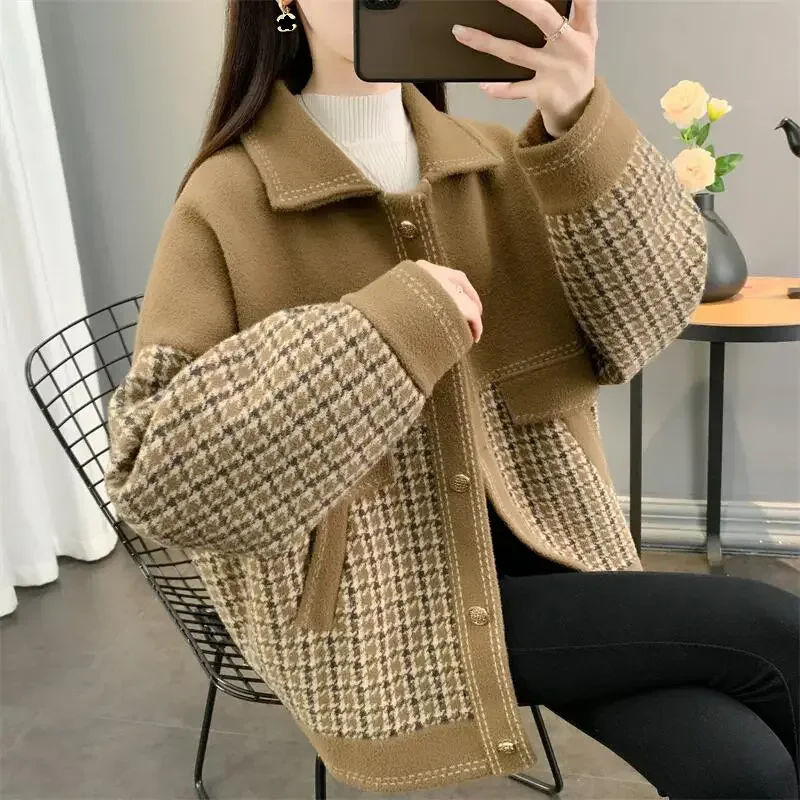 

Women's Houndstooth Woolen Coat New 2024 Autumn Winter Jacket Tops Fashion Short Outerwear Cardigan Female