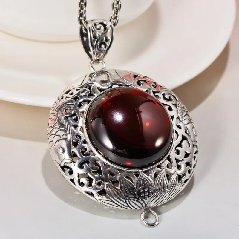 

100% S925 Sterling Silver retro court style garnet lotus carp Pendant