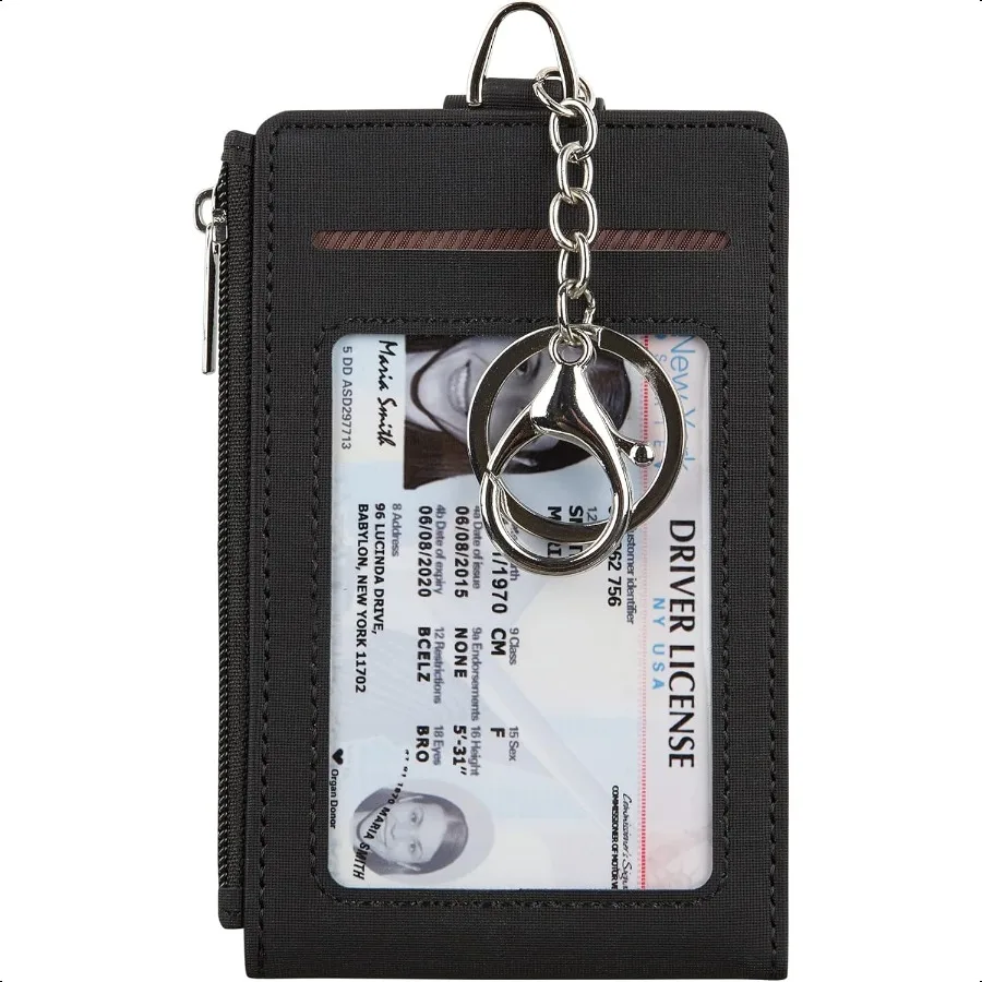 

Women Men Keychain Card Holder Case Zipper Slim Minimalist Front Pocket Wallet with 2 ID Window Black