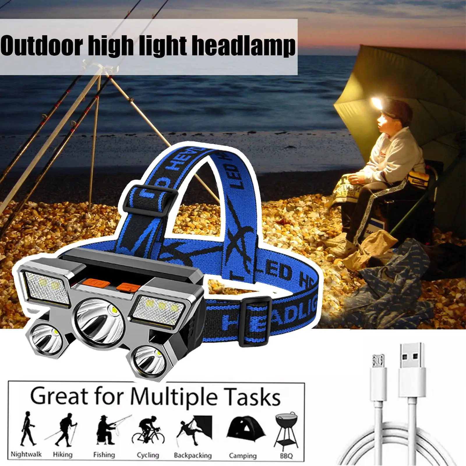 5LED Headlamp With Built-in 18650 Battery USB Rechargeable Portable Flashlight Lantern Waterproof For Camping Fishing Headlamp