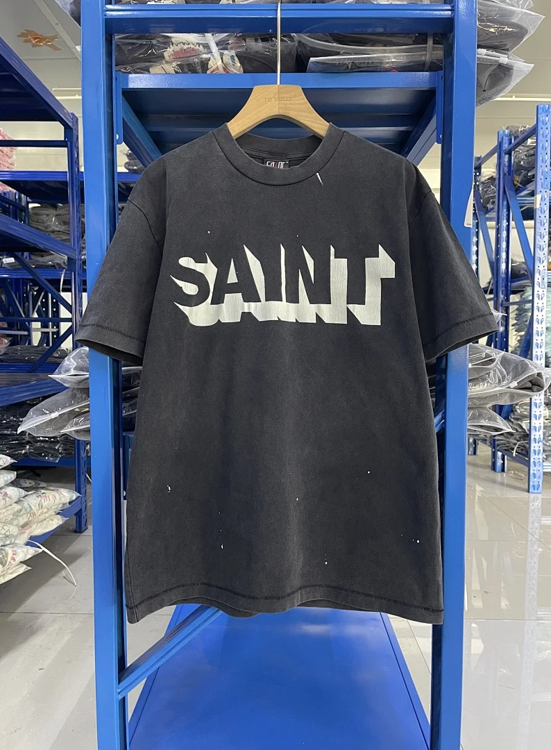 T-shirts délavés pour femmes et hommes avec logo 3D Saint imprimé, style hip-hop, vintage, décontractés, en coton