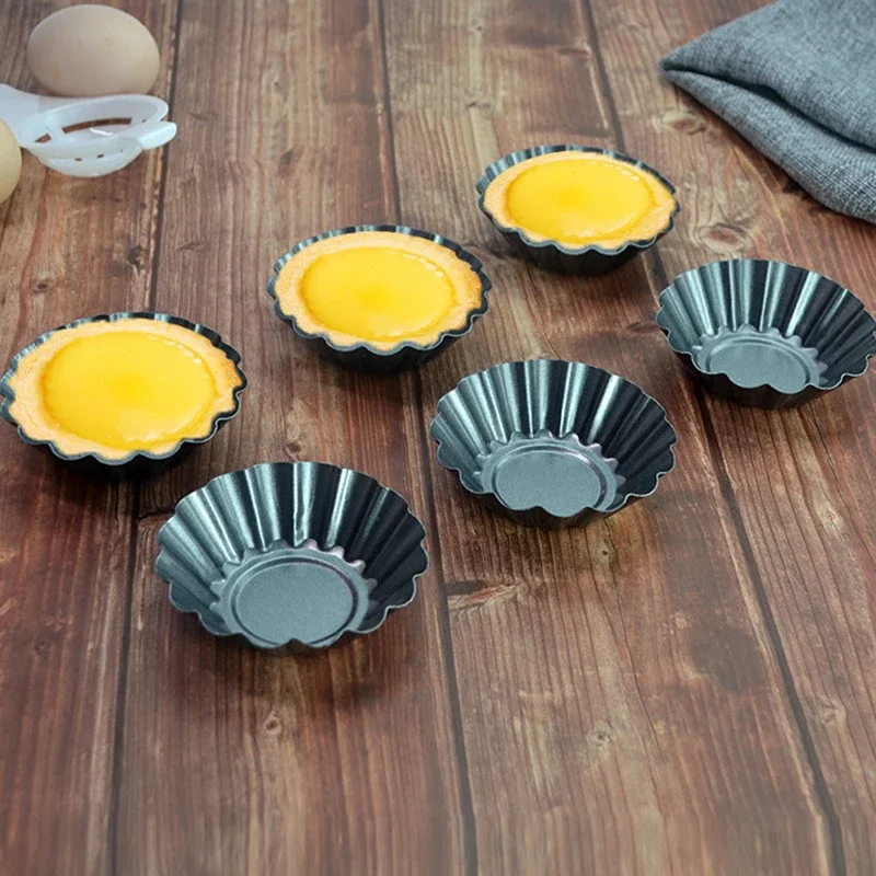 6pcs 7.5cm Nonstick Fluted Round Chrysanthemum Shape Carbon Steel Egg Tart Pudding Molds Pie Pan DIY Egg Tart Baking Tool