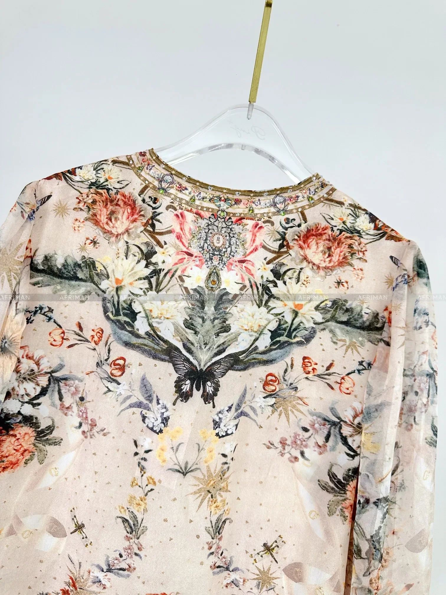 Camicetta da donna in seta 100% con stampa floreale retrò a maniche lunghe con perline pesanti e scollo a V