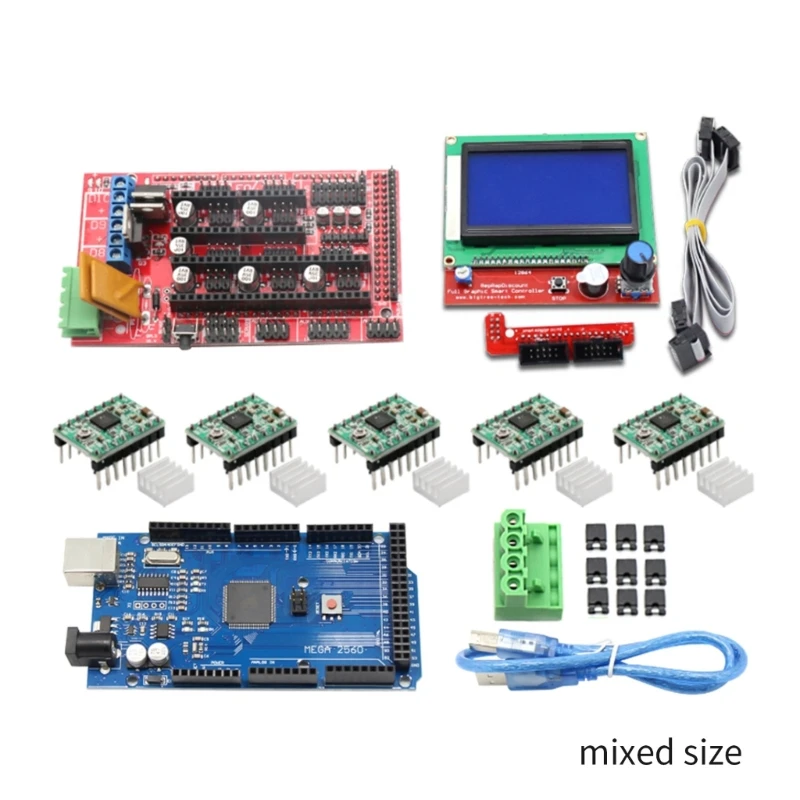 Mega2560R3 + Controlador Ramps1.4 + Painel controle LCD 12864 + Módulo driver passo A4988 Conjunto completo peças 3D