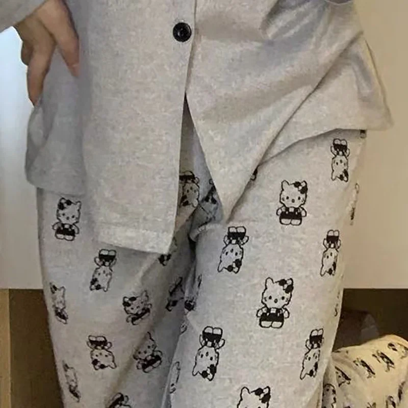 Gri Hello Kitty baskılı pijama pantolon Kawaii Y2K gevşek boyutu ev mobilya kız sevimli yaz rahat pantolon doğum günü hediyesi