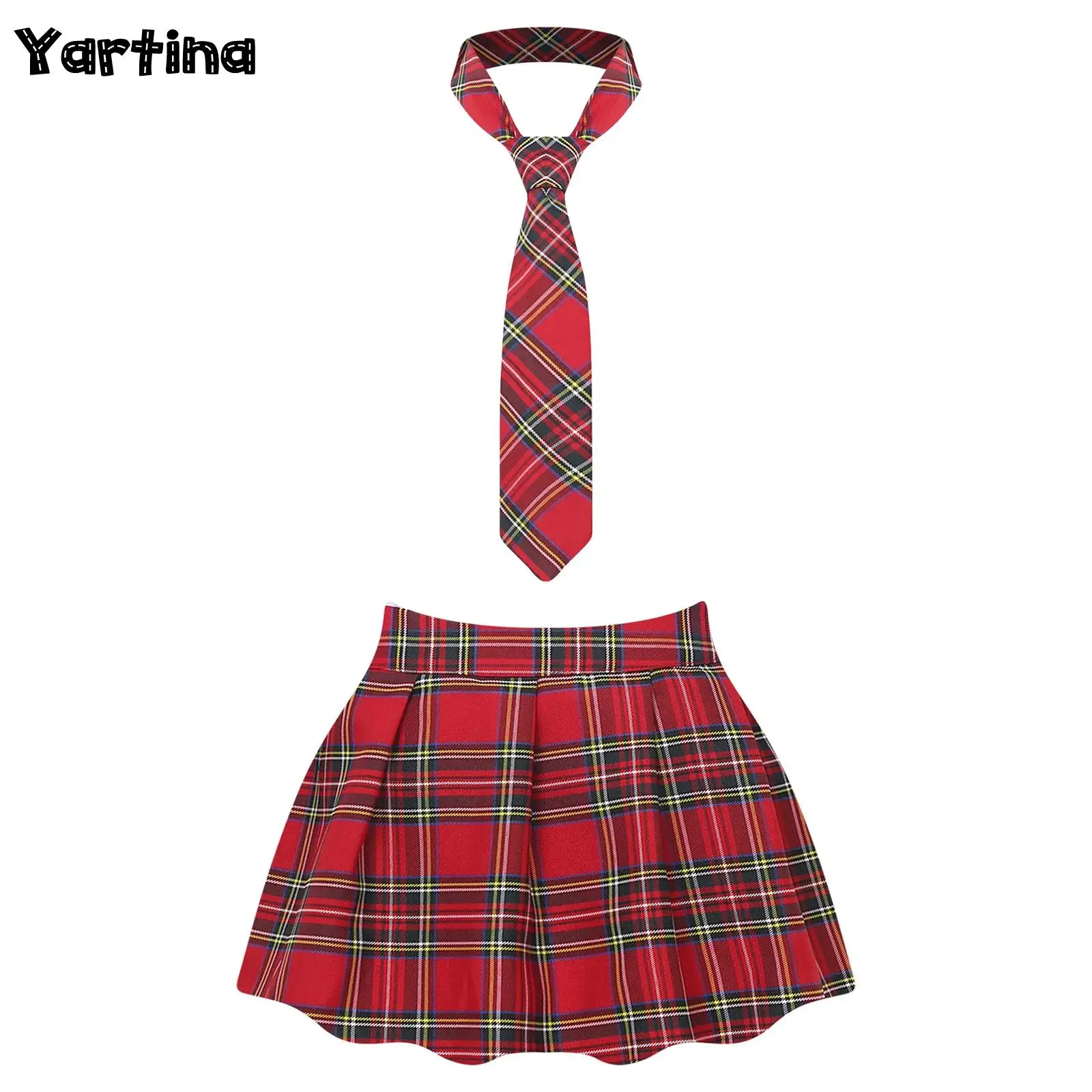 Womens Adult Japanese Schoolgirls Uniform Mini Skirts Cosplay Costume Y2K Clothes Outfit Kawaii Plaid Pleated Skirt with Necktie