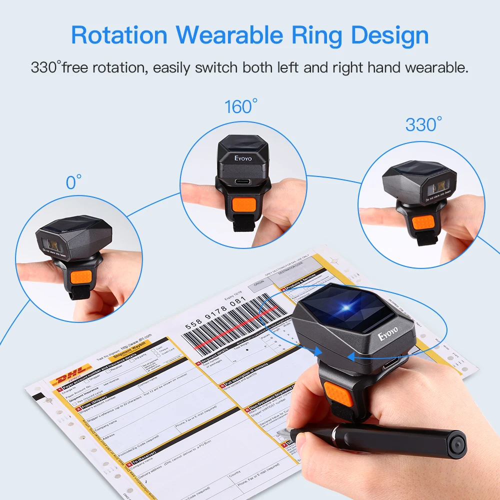 Imagem -02 - Eyoyo Ey016 1d & 2d Wearable Bluetooth Barcode Scanner Usb Wired qr Reader para Loja Armazém Finger Trigger Buttton Scanning