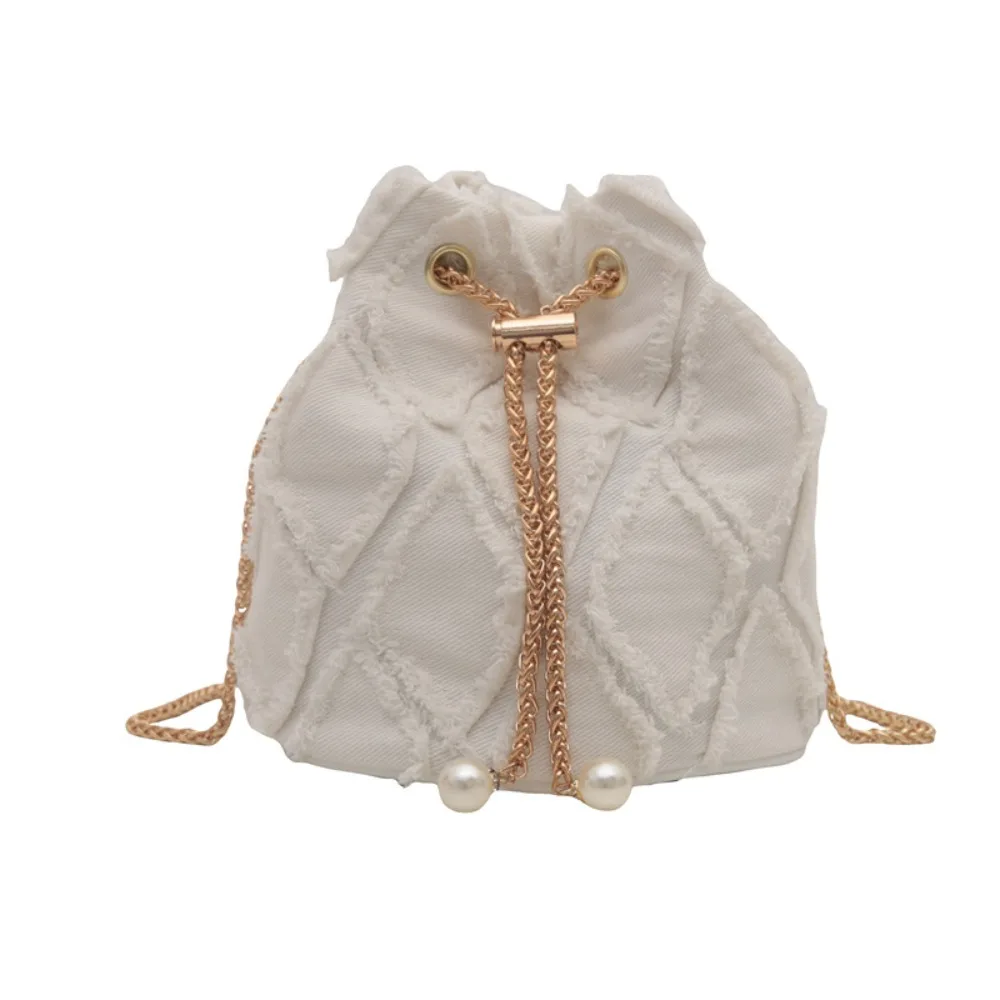 

Retro Pearl Denim Bucket Bag Handbag Chain Tassel Denim Crossbody Bag Korean Style Small Purse Cloth Shoulder Bag Women