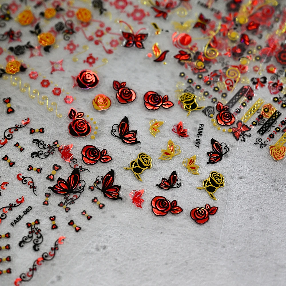 30Pcs/Set Red Golden 3D Nail Art Sticker Hot Stamping Hollow Decals Mixed Designs Adhesive Flower Nail Tips Letter Butterfly Set