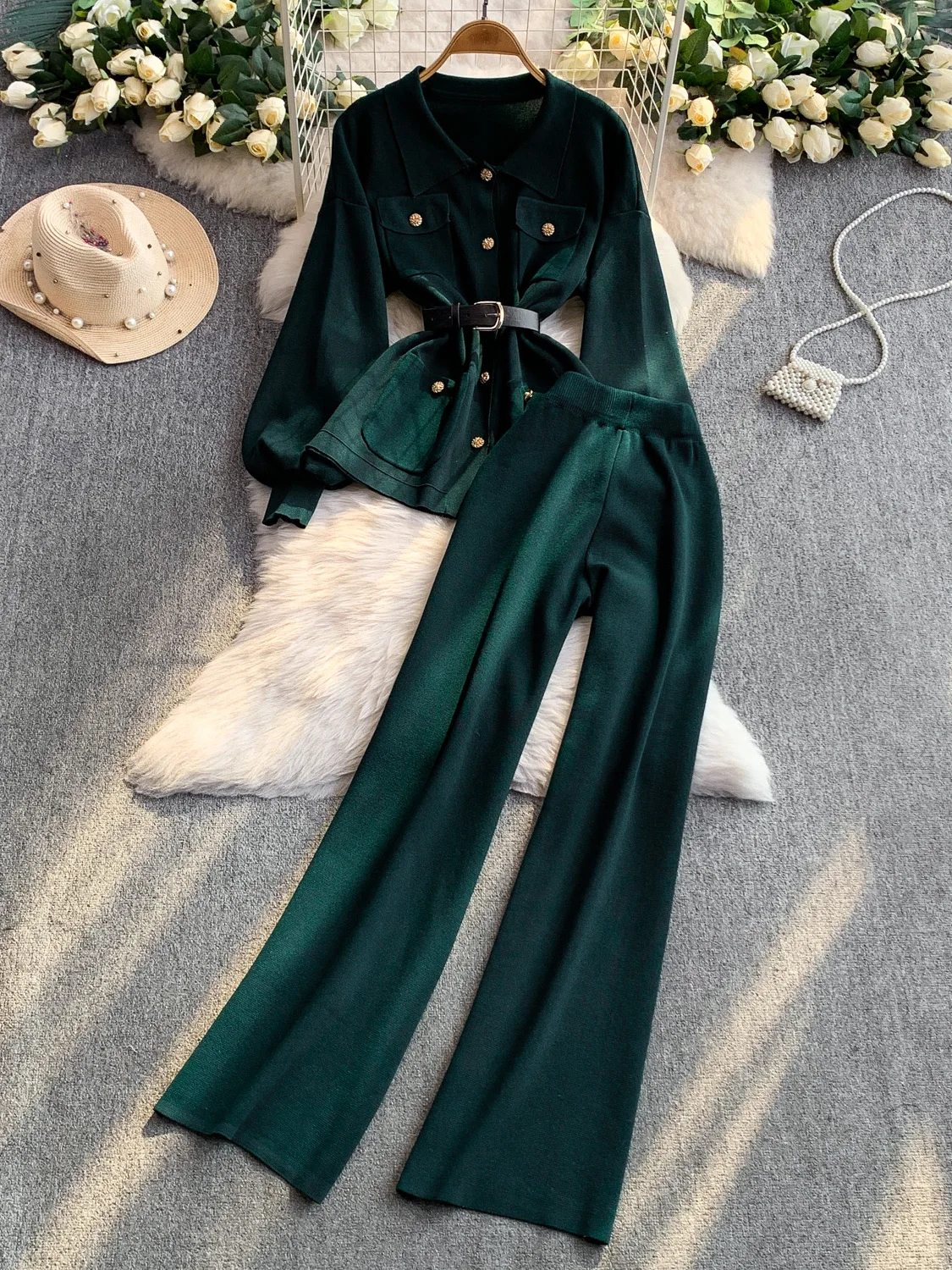 

Fall Season High Waist Wide Leg Pants Knitted Jaet with Metal Bule Collar Lantern Sve Two-Piece Set Women's Faion