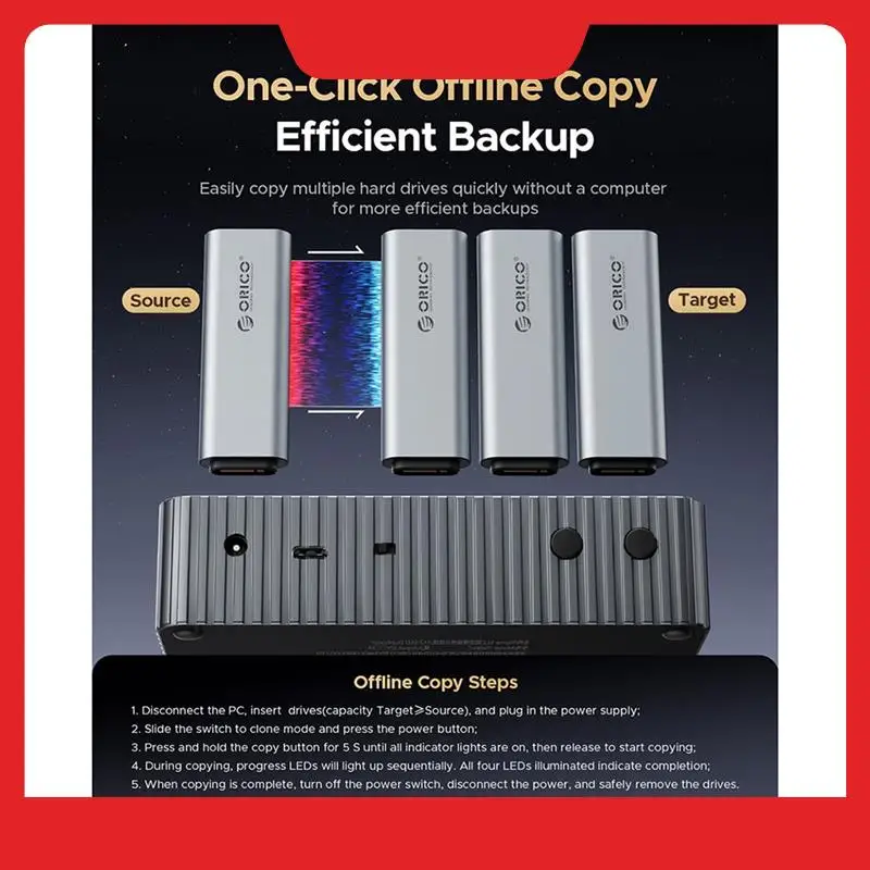 

ORICO Offline Clone SSD Enclosure USB4 40Gbps 4-Bay Docking Station For M. 2 Nvme SSD For Internal Duplicator