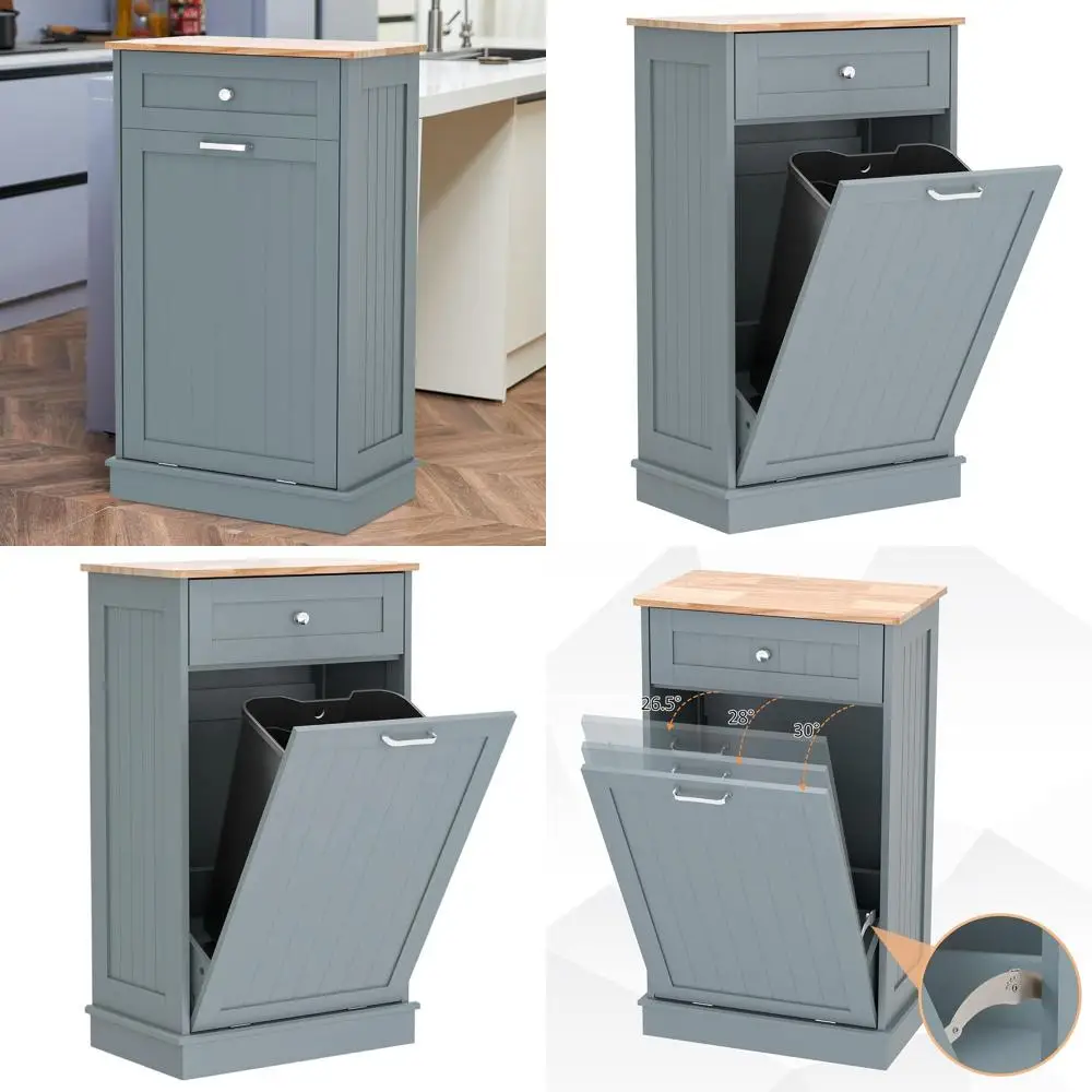 

Hidden Wooden Trash Bin for Kitchen and Living Room, Blue, 13 Gallon Capacity