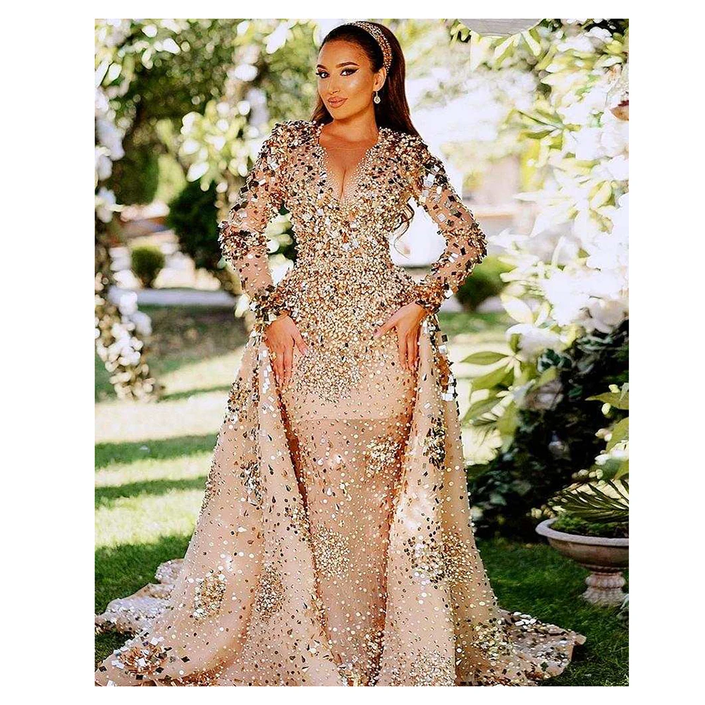 Sparkly Sequiend Crystal V-Neck Prom Dress Long Sleeve Chapel Train Organza Evening Dresses for Elegant Women Vestidos 2025