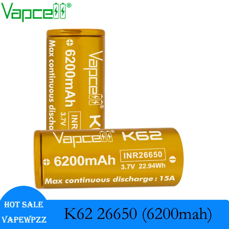 1-10 шт., литиевая батарея высокой емкости Vapcell K62 26650, 6200 мАч, 15 А, 3,7 в, 26650, аккумуляторная батарея для фонарика