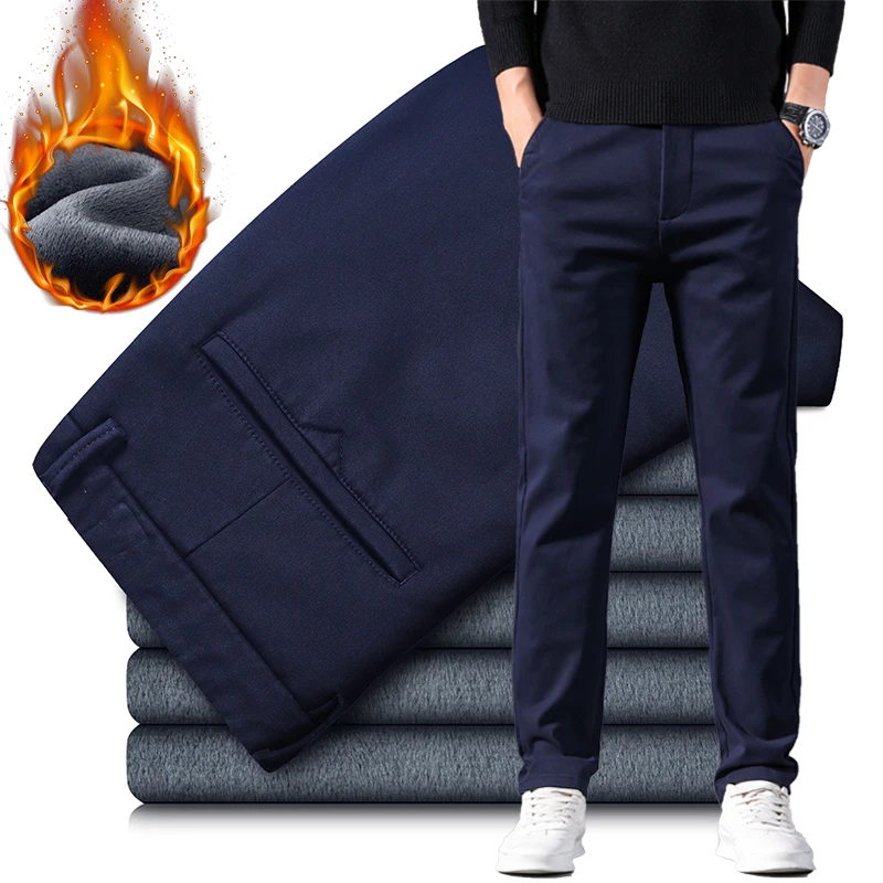 

Men's Clothing Winter Warm Casual Pants 98% Cotton Elastic Business Thicken Fleece Trousers Straight Classic Velvet Male Pants