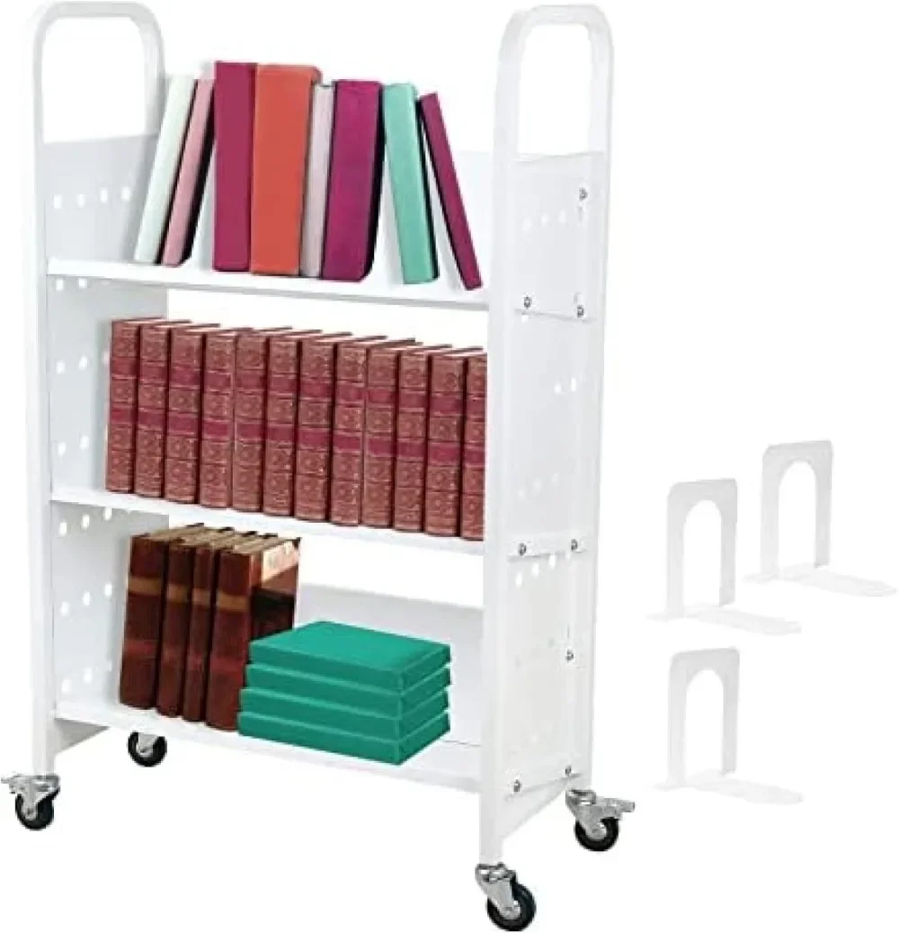 Chariot de bibliothèque à roulettes, chariot à livres de 200 livres, étagères inclinées en forme de L ou de V à simple face avec roues verrouillables