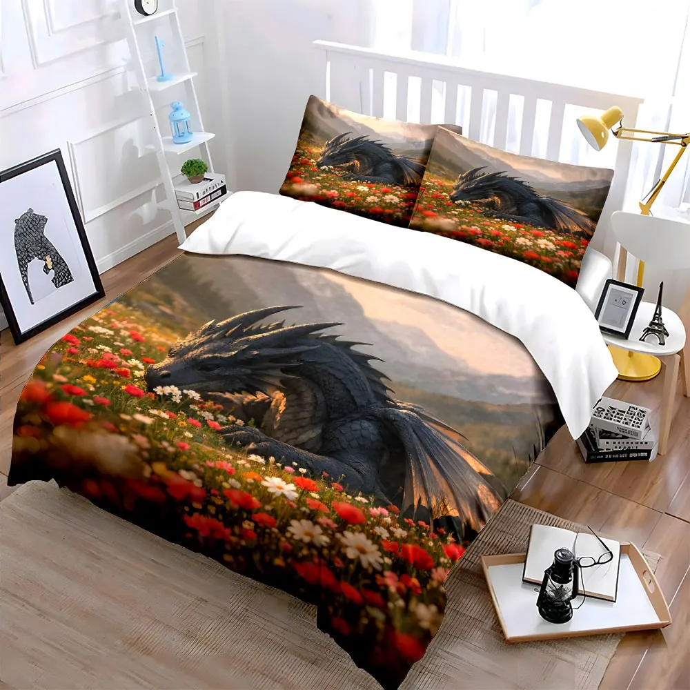 Black dragon resting in flowers Pattern Duvet Cover Set Digital Print Colorful Polyester Bedding with Zipper Closur for gifts 2