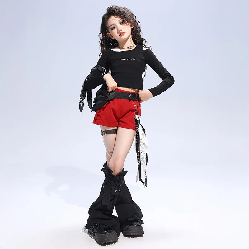 재즈 댄스 의류 소녀 상의, 블랙 반바지, 레드 케이팝 무대 코스튬, 어린이 패션 쇼 의류, 재즈 스트리트 댄스복, 2795