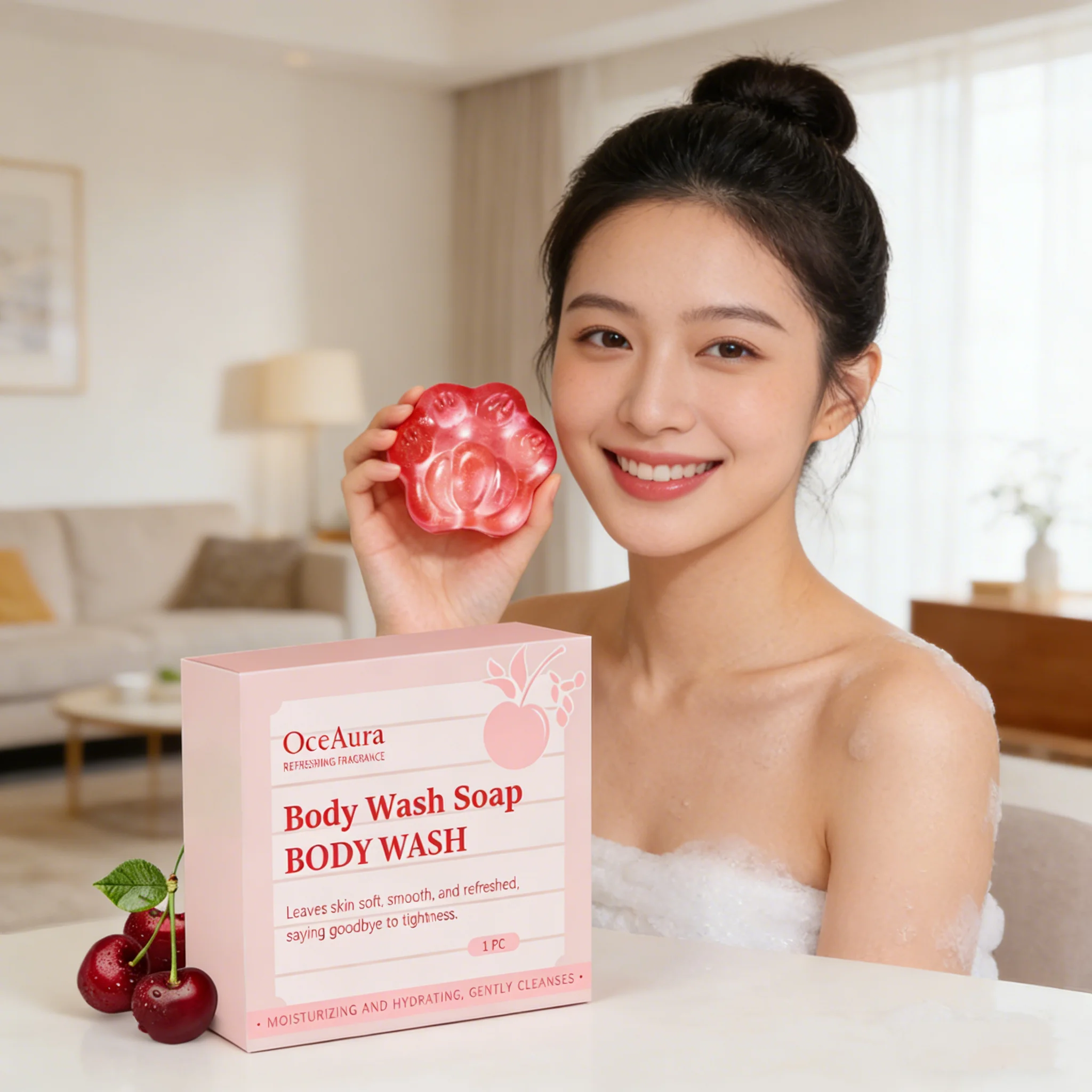 OCEAURA Cherry Skin Moisturizing Soap Oil Control Exfoliate Reduce Fine Lines Brighten Skin Tone Sterilization Body Bath Soap