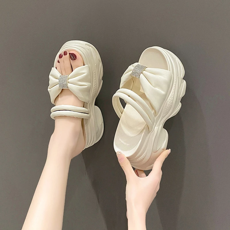 LazySea 9cm High Wedge Heels Slides Women Sandals Crystal Butterfly Knot Two Ways to Wearng Women Platform Slippers Outside Shoe