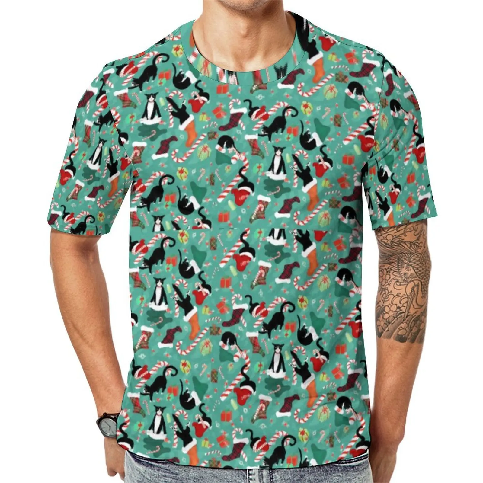 Summer T Shirt Funny Cat Print T Shirts Christmas Stockings Y2K Fun Hippie Tee Shirt For Male Short Sleeves Oversized Clothing