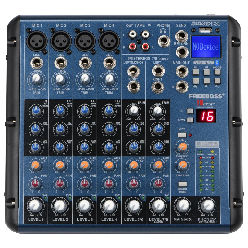 FREEBOSS SMR8 Bluetooth USB Record 8 Channels (4 Mono + 2 Stereo) 16 DSP Effects USB Professional DJ Mixer