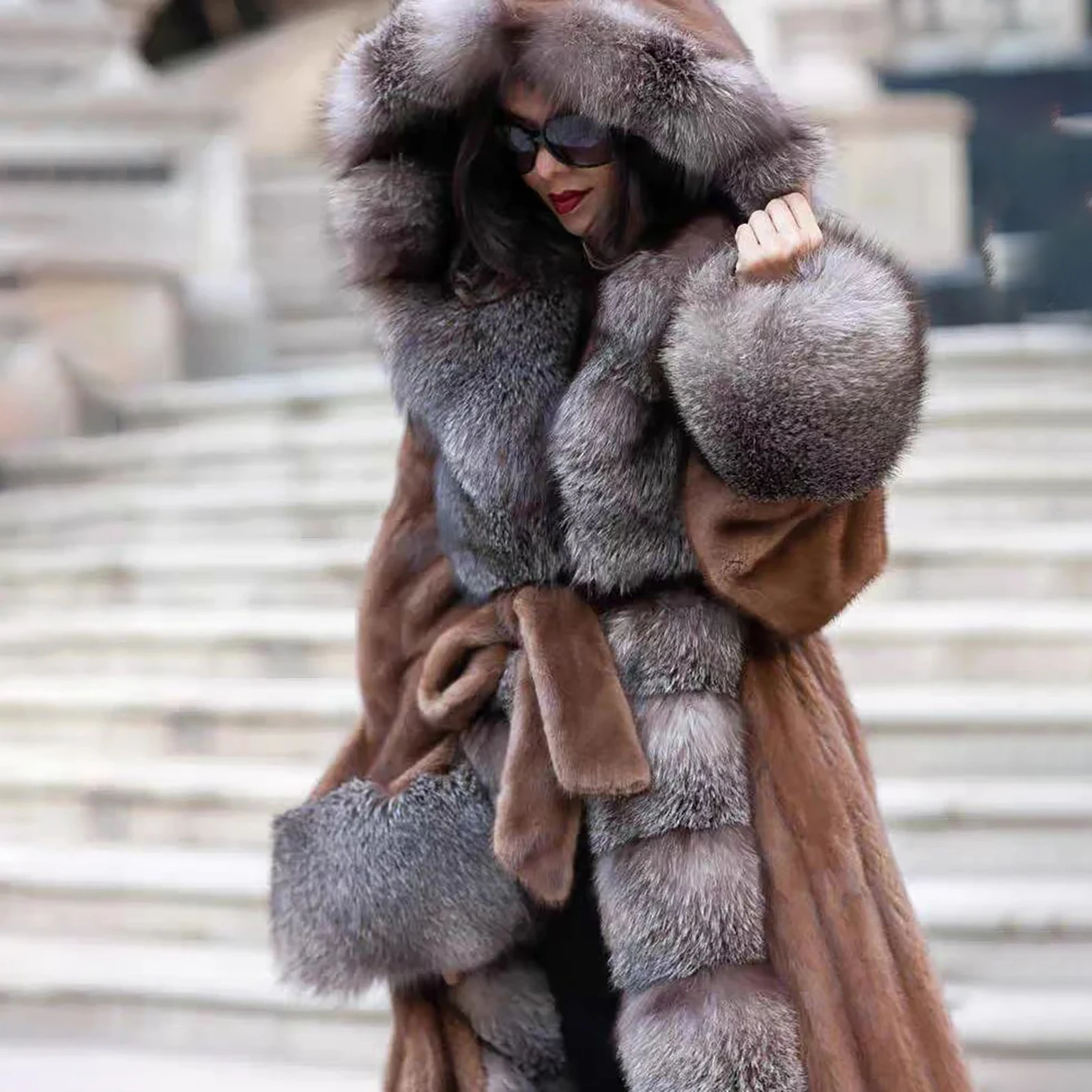 130cm Long Real Mink Fur Coat With Hood High Quality Genuine Mink Fur Crystal Fox Overcoat With Belt Trendy Fur Overcoats Woman