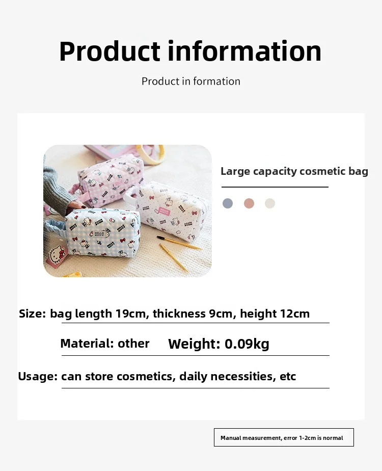 Weiche und niedliche karierte Hello Kitty gesteppte Kissen-Kosmetiktasche, Kulturtasche, Aufbewahrungstasche mit großem Fassungsvermögen, plissierte tragbare Reisetasche – Detail 1