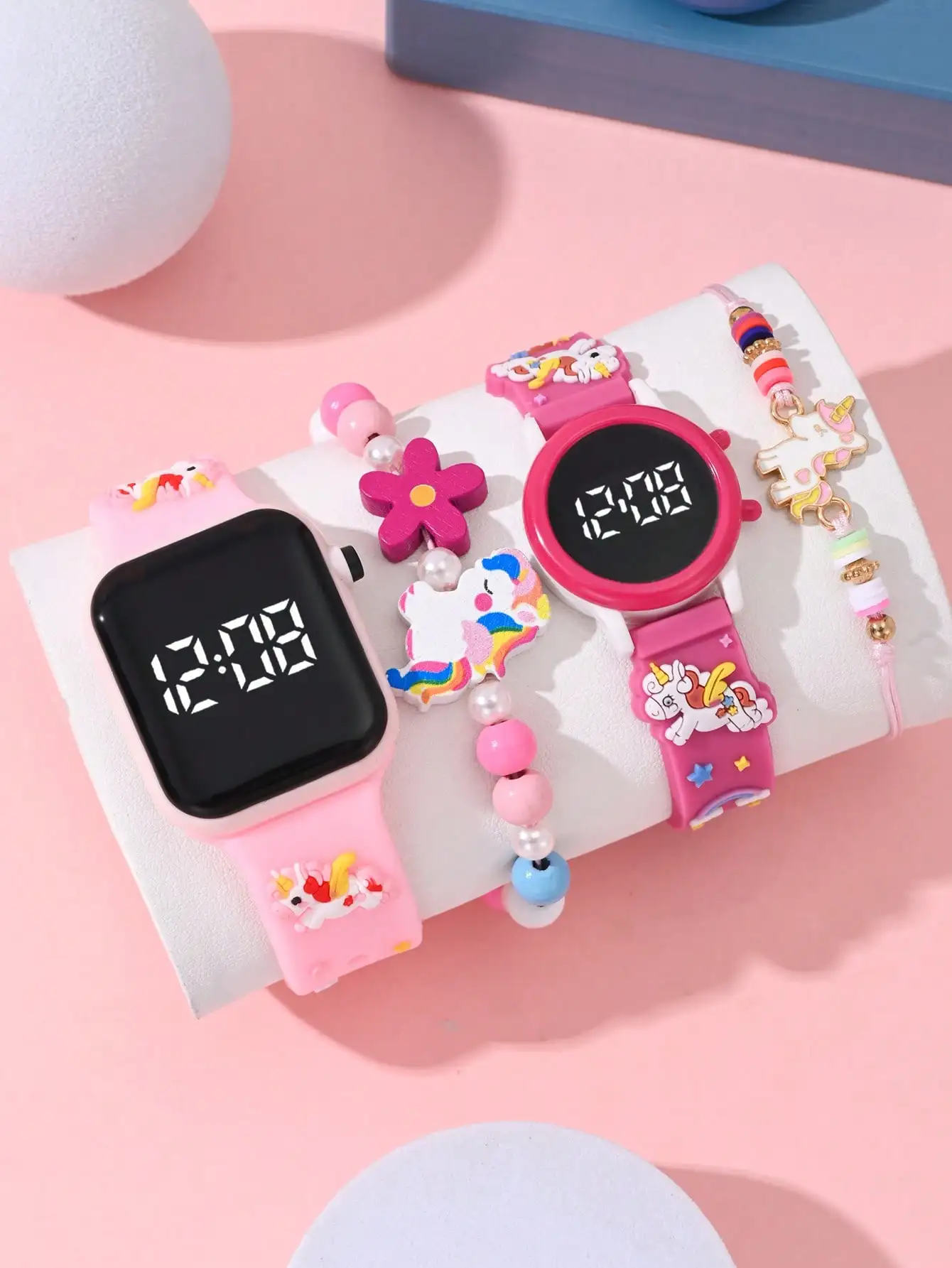 

Набор из 4 детских цифровых часов с разноцветными браслетами из бисера, розовыми силиконовыми ремешками и забавными животными мотивами