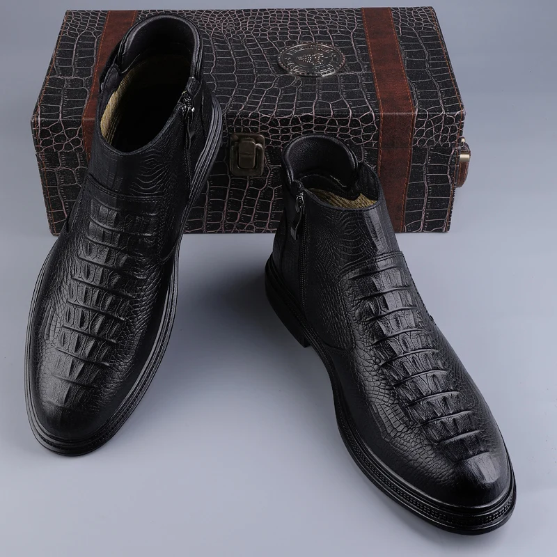 

Men Chelsea Boots Pointed Low High Crocodile Pattern Business High Top Casual Boots