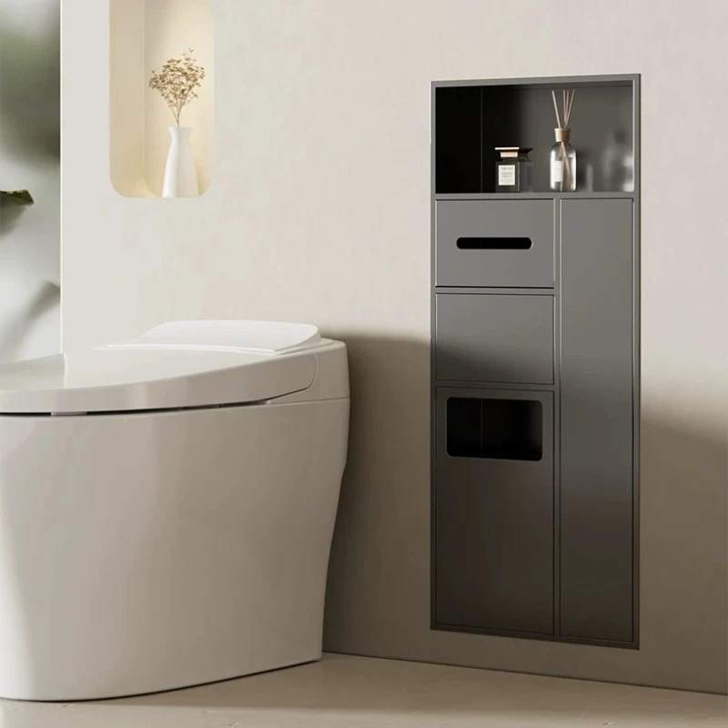 Recessed Stainless Steel Bathroom Storage Cabinet, Hidden Wall Niche for Toilet Paper&Trash Bin, Metal Organizer for Small Space