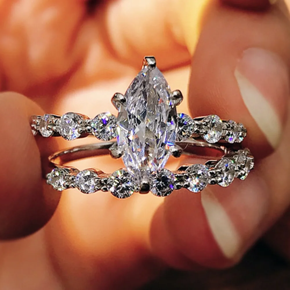 2pcs Set Luxury Charm Marquise-shaped High Quality 5A Zircon Stackable Rings for Women Bride Wedding Engagement Finger Jewelry