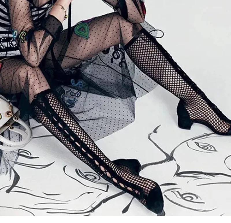 

Fashion Ladies Suede Patchwork Mesh Knee Boots Front Crosstie Med Square Heels Women Summer Fishnet Hollow Knight Boots