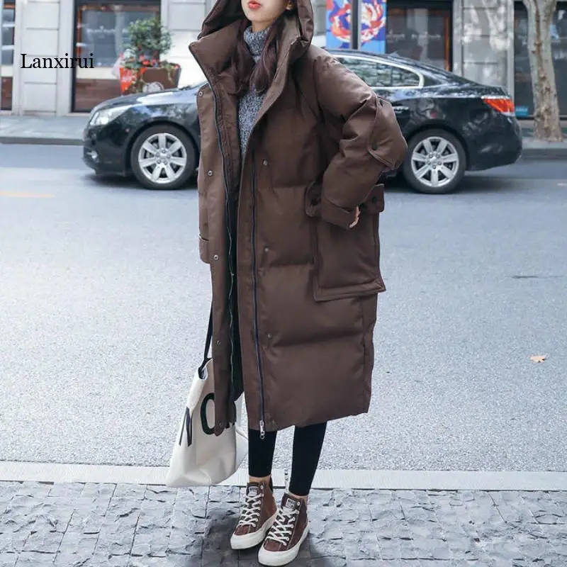 

Women Winter Down Jacket Large Long Sleeve Jacket Warmth Thickening Female New Fashion Parka Hooded Loose Long Thickening