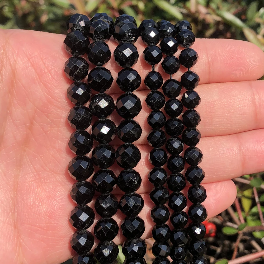 6/8mm Natural Faceted Black Tourmaline Stone Beads Round Loose Beads for Diy Bracelet Accessories Jewellery Making 7.5\'\'