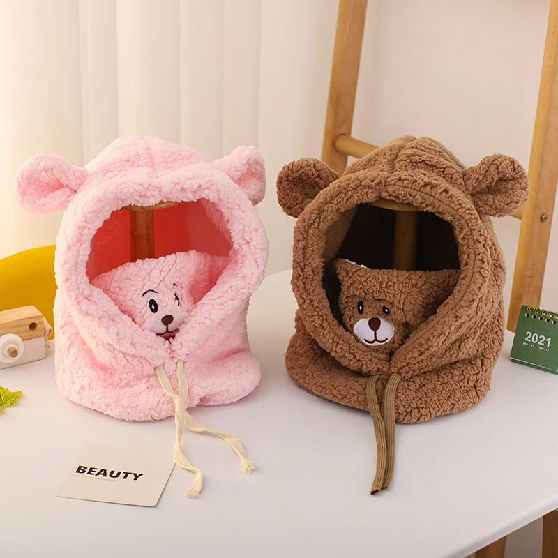 

Winter Warm Children Plush Scarf Hat Thick Lamb Fleece Headgear 3-8year Kids Hooded Beanies Cartoon Bear Baby Ear Protection Cap