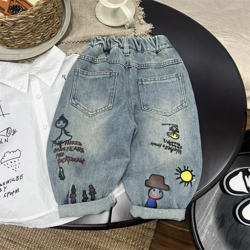 Boy graffiti jeans 2024 Autumn cute Girls loose casual denim pants Children's Clothing all-match Trousers