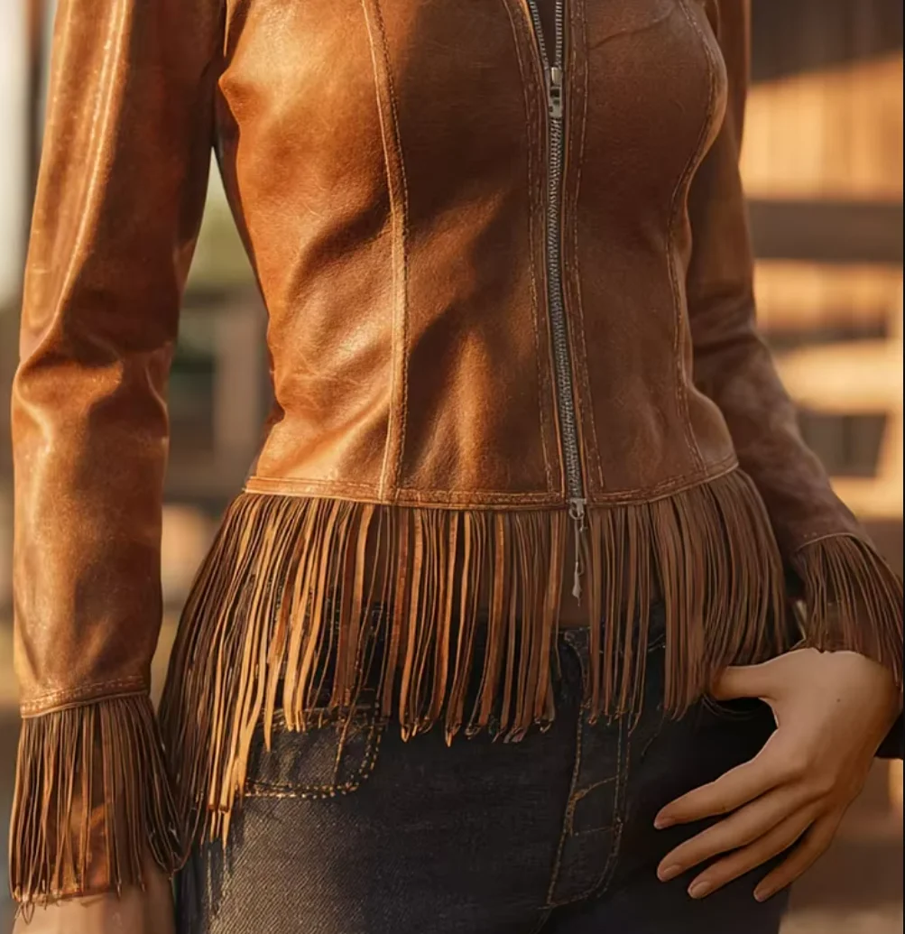 Westerse PU lederen overhemdkraag Fringe zoom rits jas jas voor vrouwen lange mouw High Street jas herfst nieuwe dame bovenkleding