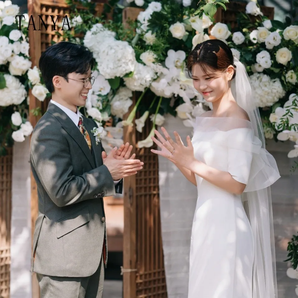 TANYA elegante vestido de novia de manga corta con cuello barco, vestido de novia sencillo de satén suave hasta el suelo, vestidos de novia de cola de barrido G4231